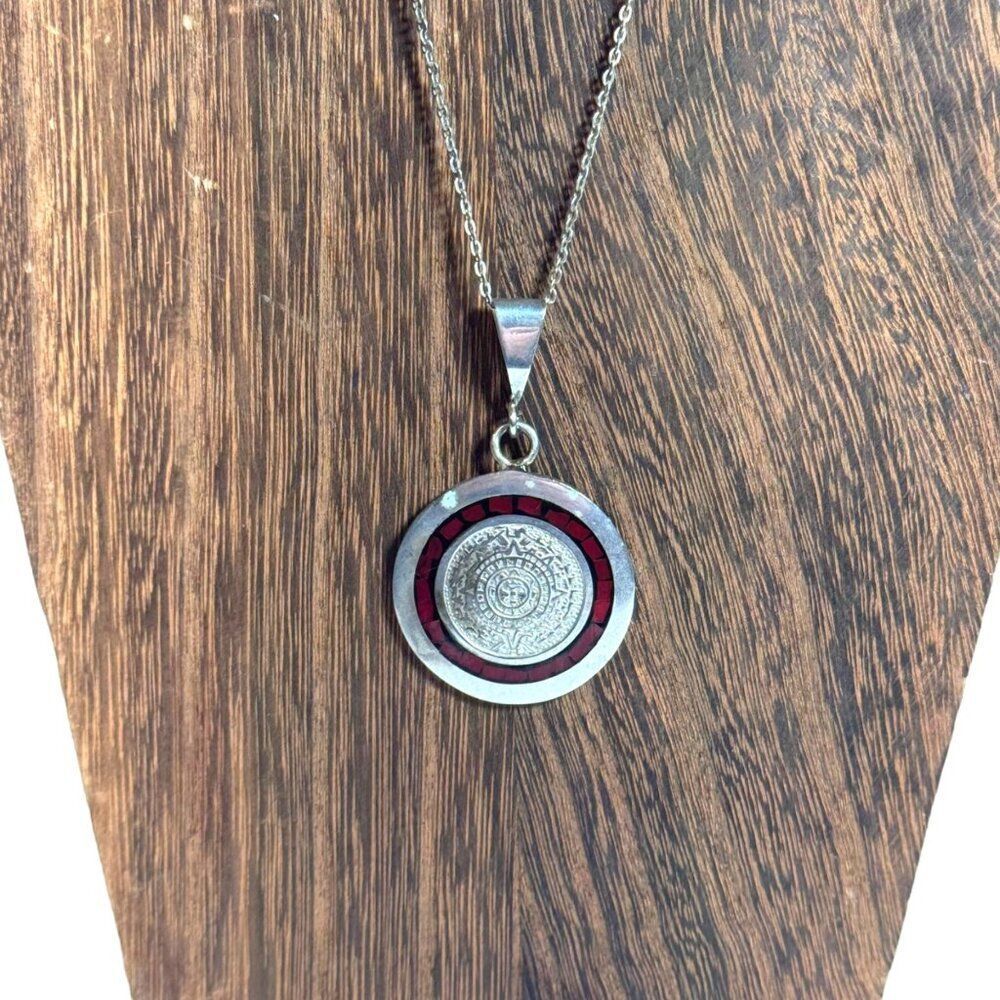 VTG Sterling Silver Pendant Necklace Coral Red Silver Mayan Calendar 22" Chain